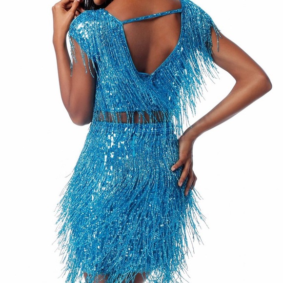 Black Sherri Hill Beaded Fringe Short 2 Piece - Picture 4 of 7